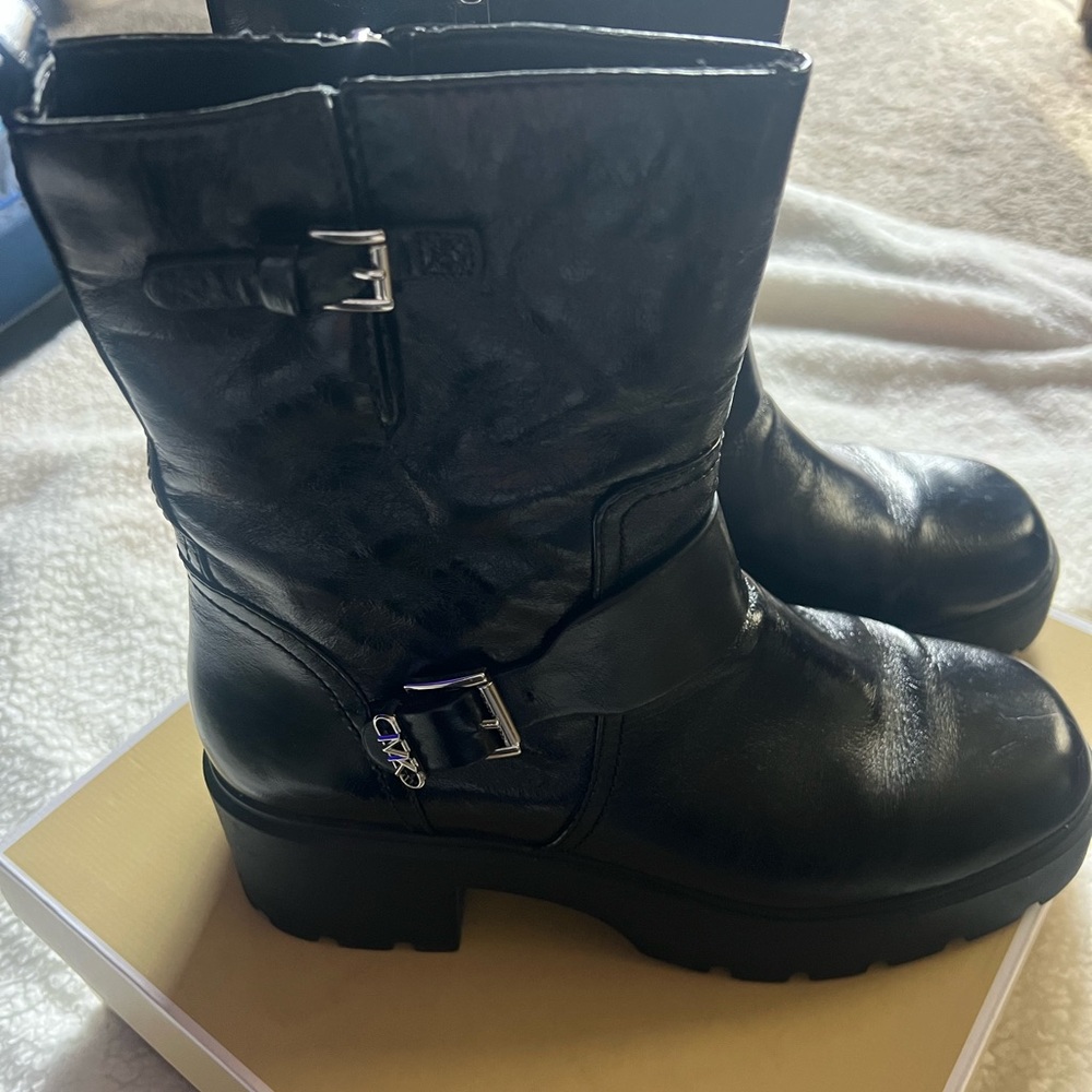 Michael Kors Perry Leather Side-Zip Buckle Platform Moto Booties